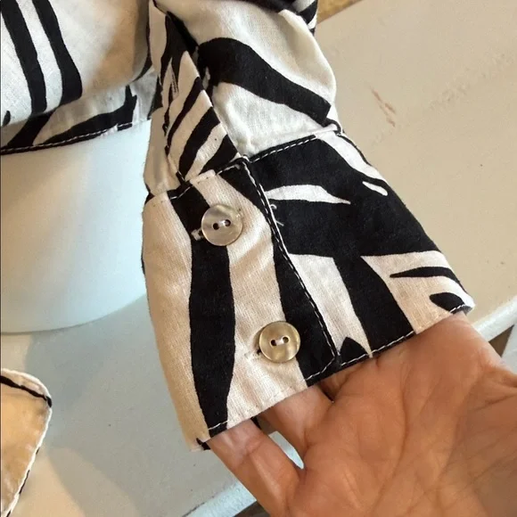 RACHEL ZOE Linen Blend Black & White Palm Leaf Print Tie Waist Top Size XL - Picture 6 of 13